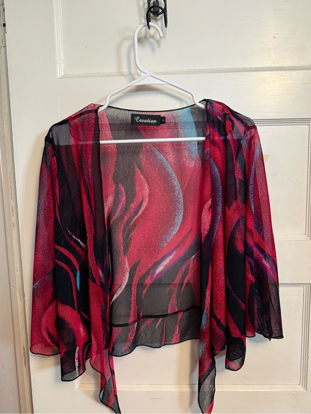 Creation dark pink, black, and blue swirl sheer cardigan w/ tie front Size Large